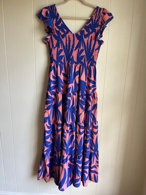Amazon Pink and Blue V-Neck Ruffle Tropical Beach Easter Maxi Dress Sz Med